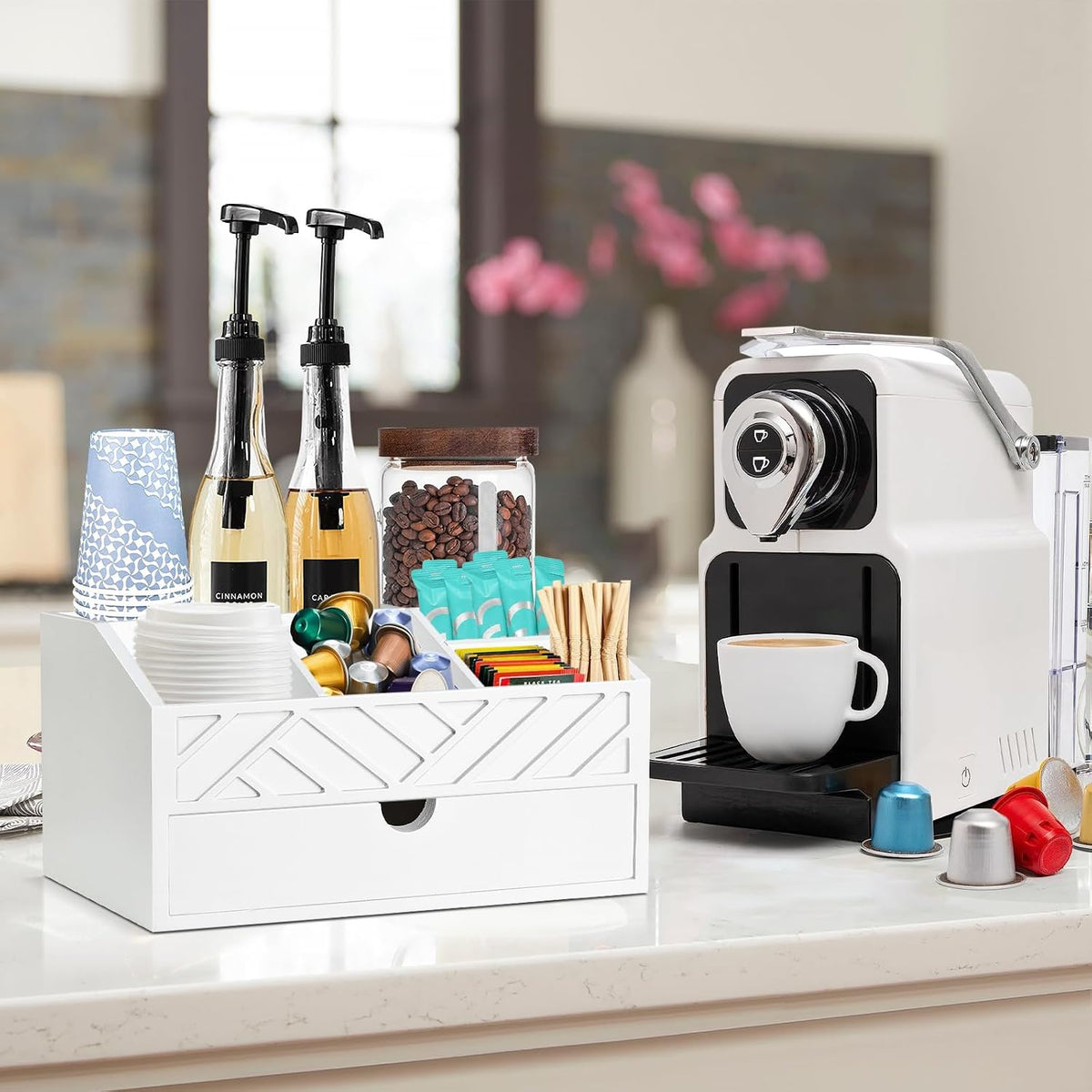 Coffee Bar Organizer with Drawer, Coffee Station Organizer for Countertop, Wo...