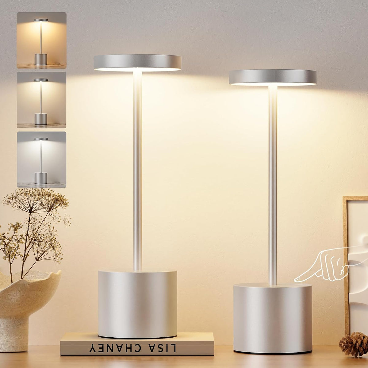 Kakanuo Silver Gray Cordless Lamp Set, Rechargeable Lamp, 3 Color Temperature...