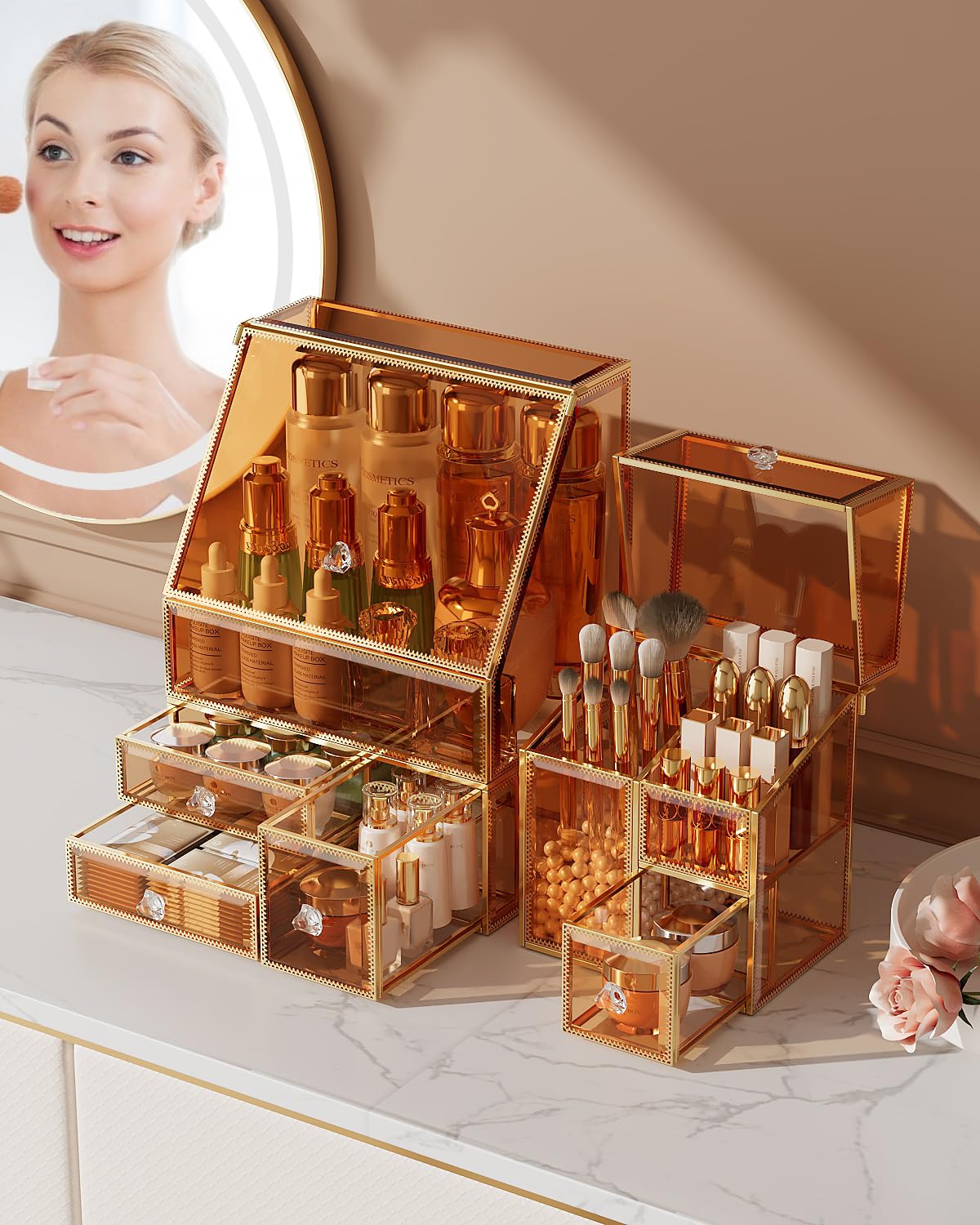 CoralHouse Glass Makeup Organizer with Brush Holder for Vanity