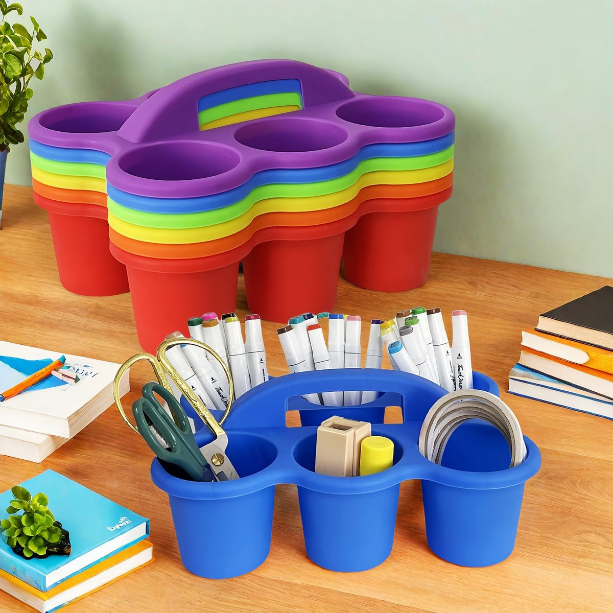 6 Pack Plastic Classroom Caddy Organizer with Handle,6 Compartment, Rainbow