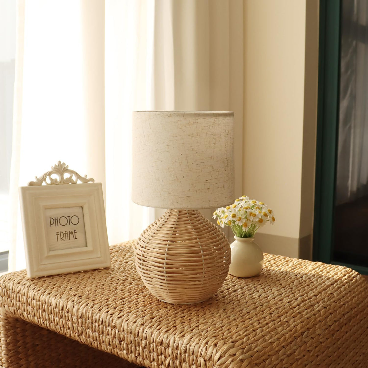 Rattan Table Lamp, Boho Farmhouse Style, Cotton Linen Lamp Shade, 6.2×6.2×11....