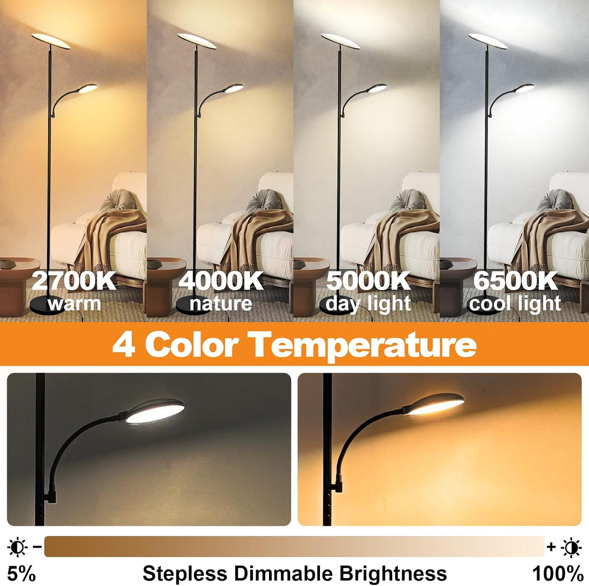 marctronic Floor Lamps for Living Room, 44W/4500LM Super Bright 2 in 1 LED Fl...