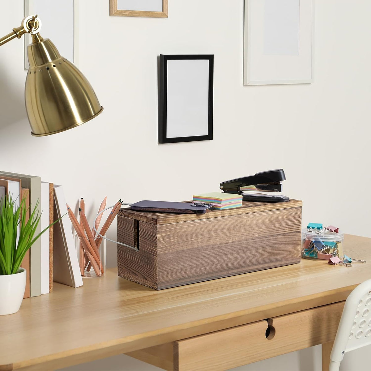 Large Cable Management Box, Burnt Wood Cord Organizer Box for Desk, Floor, Of...