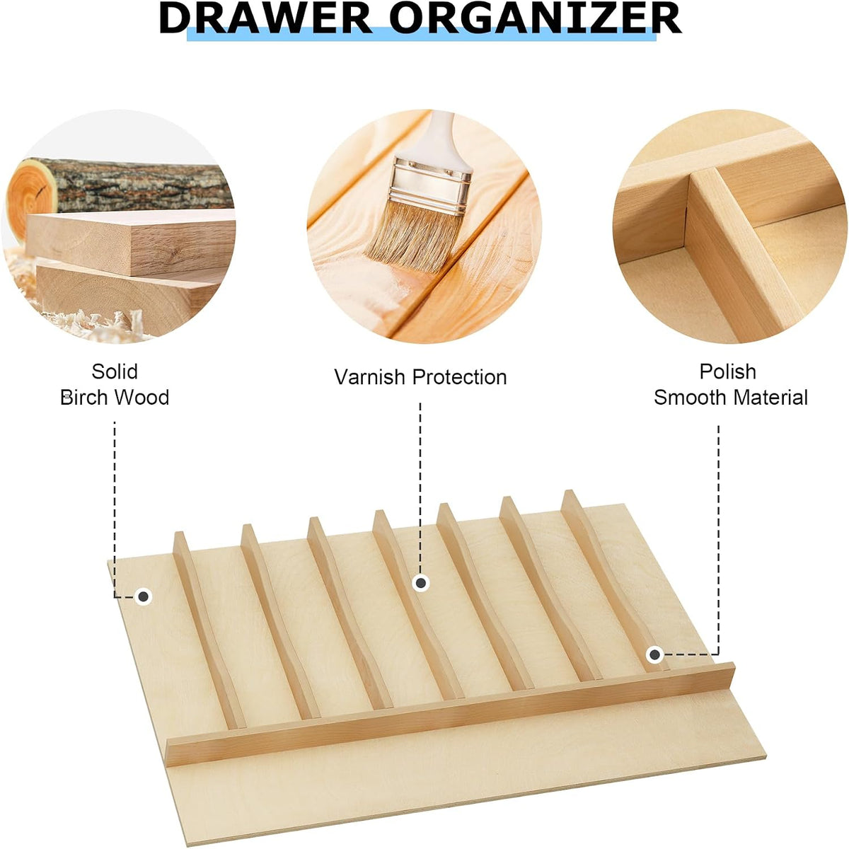 WelFurGeer Solid Birch Wood Silverware Drawer Organizer, Wooden Cutlery Drawe...