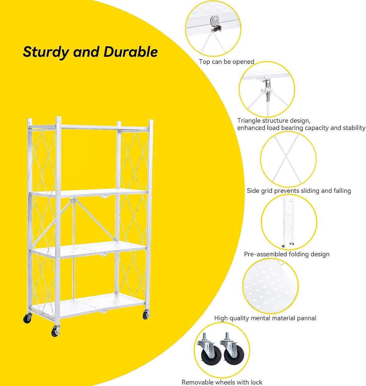 BRIAN & DANY 4-Tier Foldable Storage Shelves with Wheels, Folding Metal R...