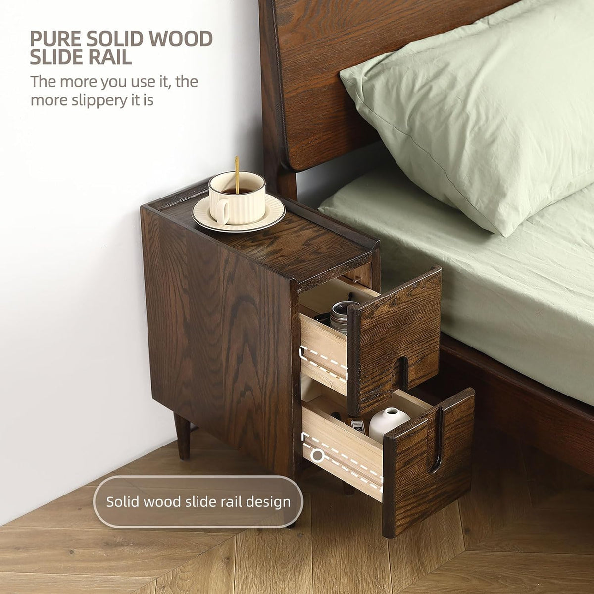 Solid Wood Bedside Table Nightstands, Slim Narrow Oak Real Wooden Mid-Century...