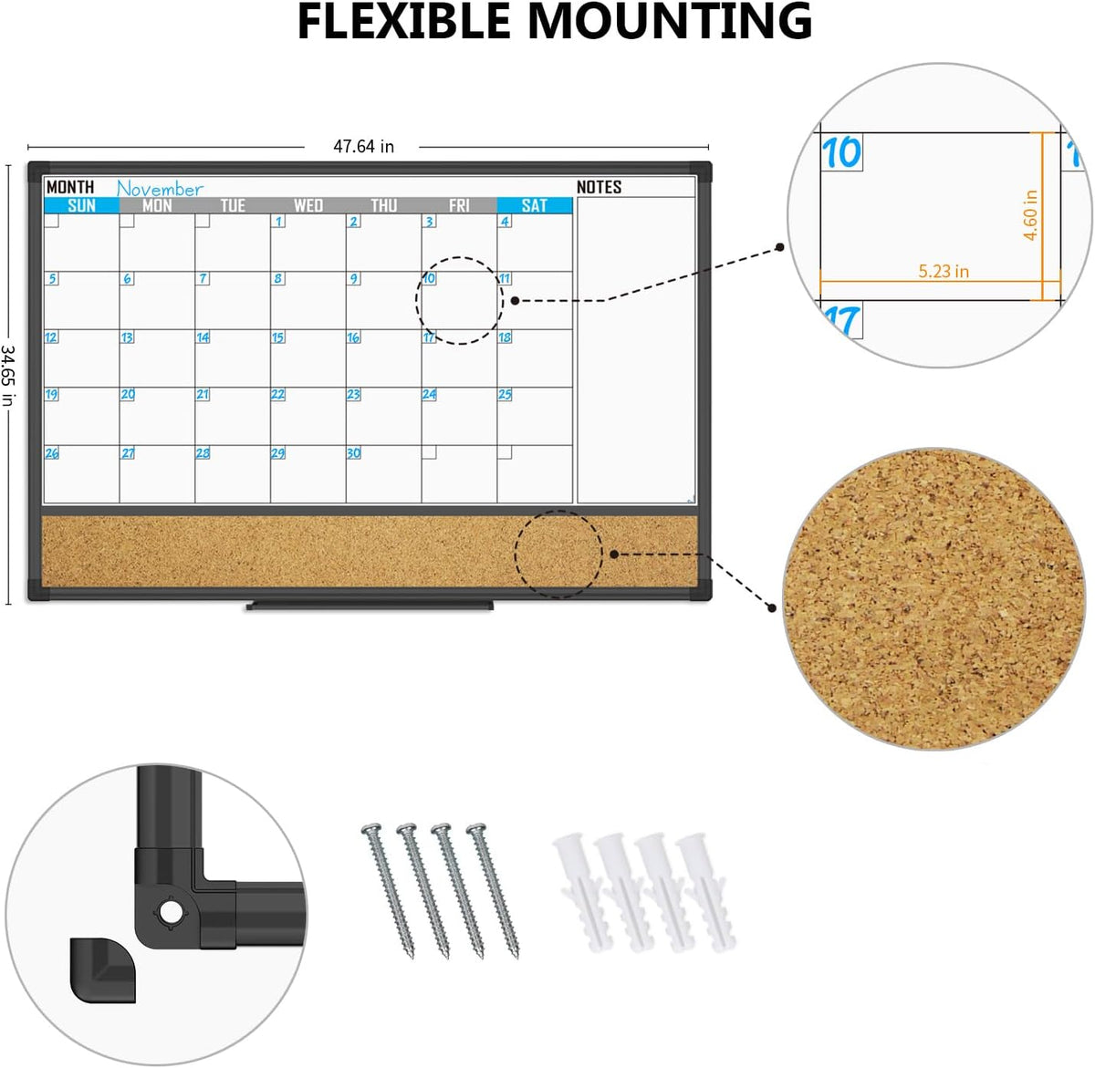 XBoard Dry Erase Calendar Whiteboard Combo 48" X 36" Monthly