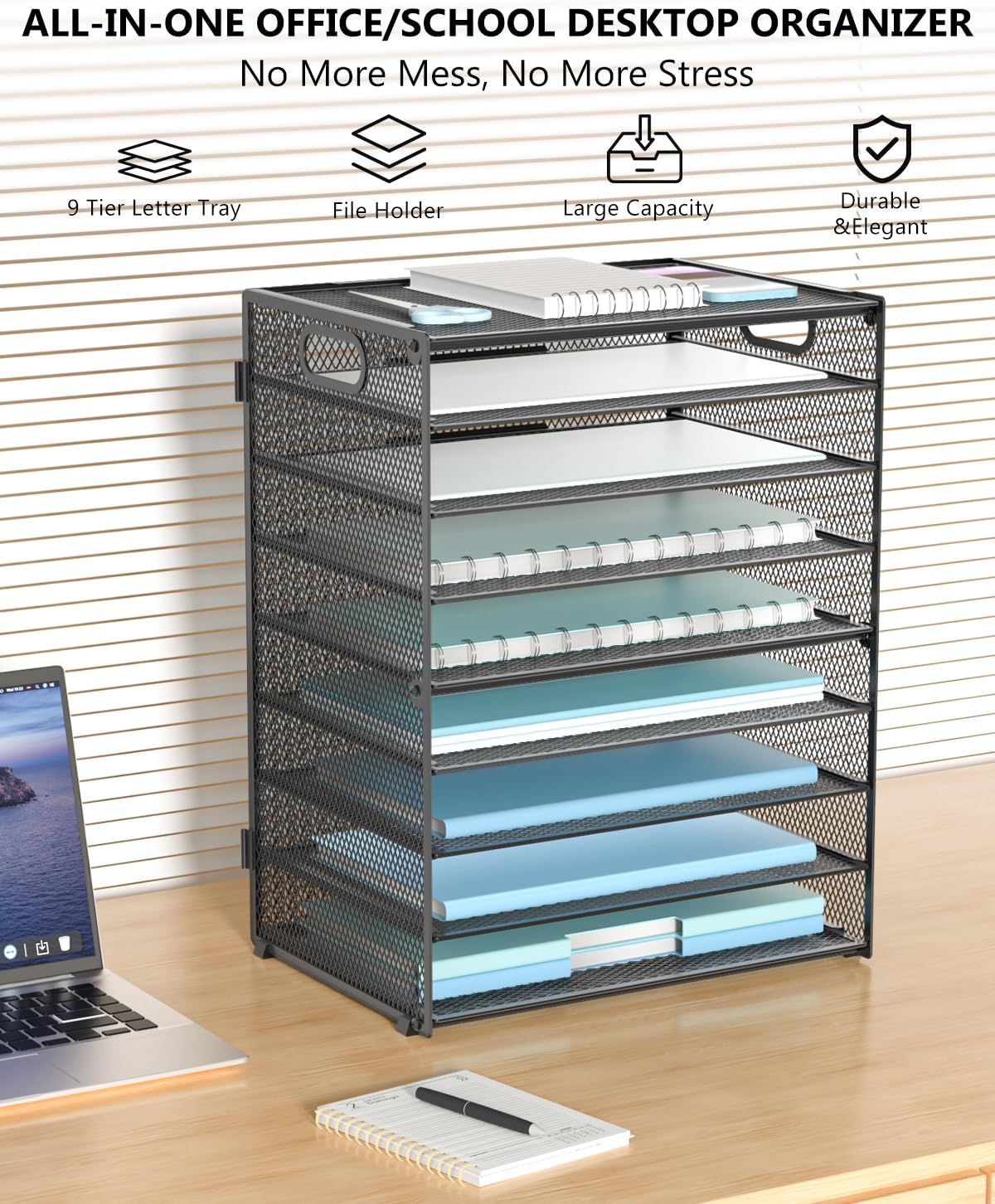 WALI Desk File Organizer, 9 Tier Desktop Paper Letter Tray Organizer with Han...