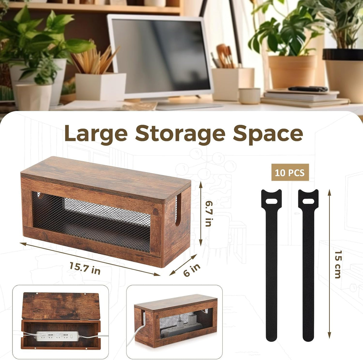 Chunful Extra Large Cable Management Box, 16'' Wood Cord Box Organize...