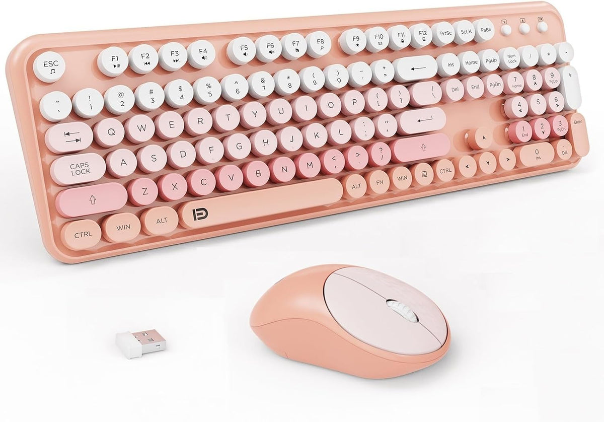 Wireless Keyboard and Mouse Combo,Cute Round Keys,for Long Nail,Orange Pink