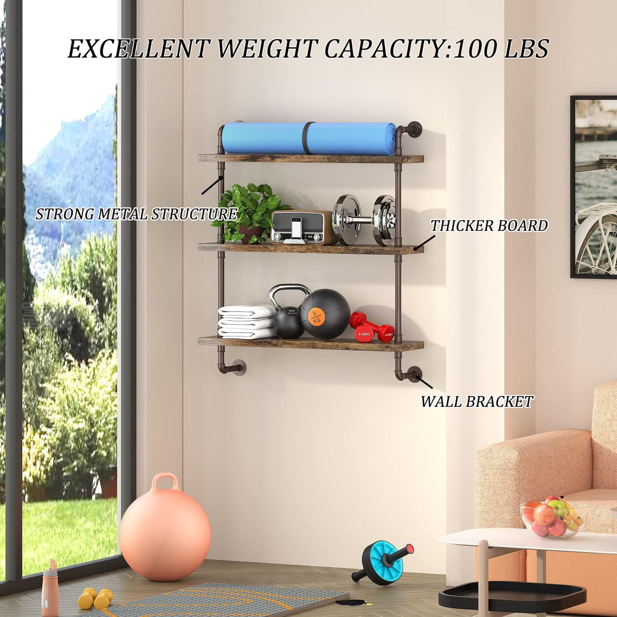 Helsin 3 Tier Industrial Pipe Shelf Rustic Wood Floating Shelves,Wall Display...