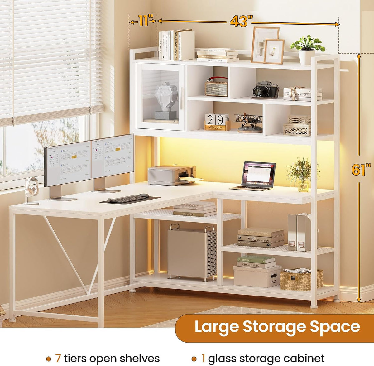 SEDETA L Shaped Computer Desk with Storage Shelves and Bookshelf, White