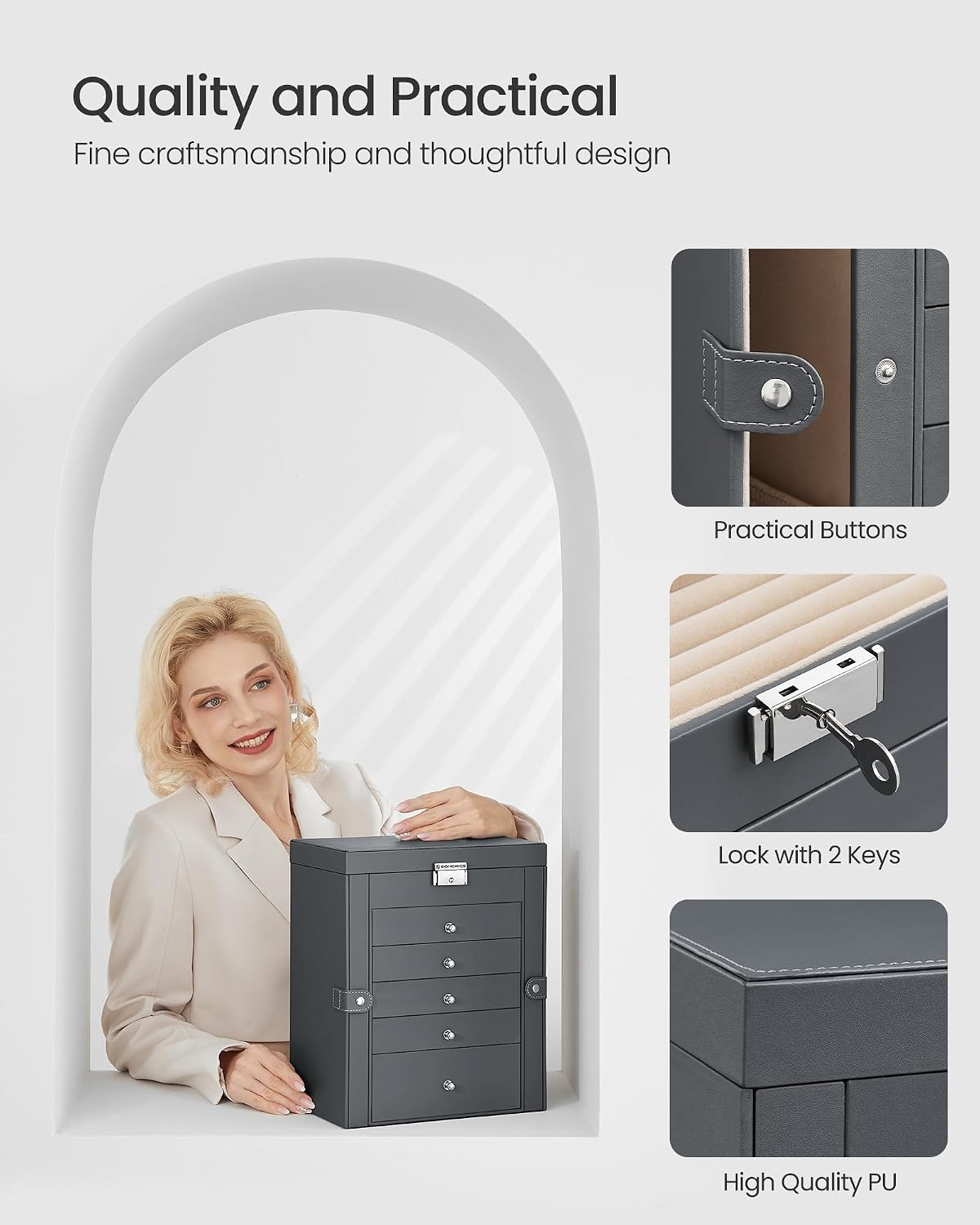 SONGMICS 6-Layer Jewelry Box Organizer with 5 Drawers, Lock and Mirror