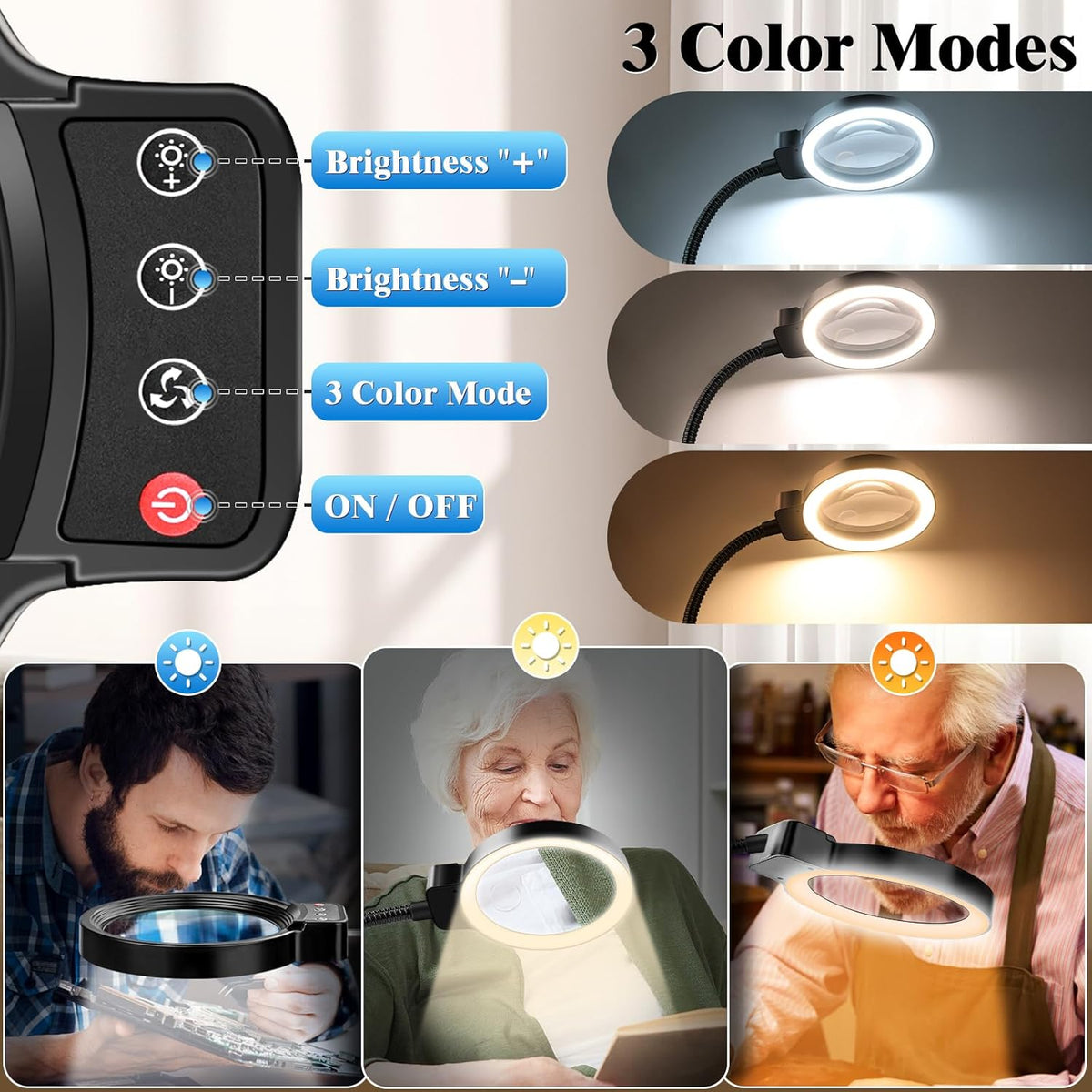 10X 30X Magnifying Glass with Light and Stand, LED Desk Lamp for Close Work