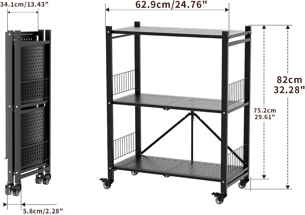 Folding Storage Shelves No Assembly, 3 Tier Metal Foldable Shelves with Wheel...