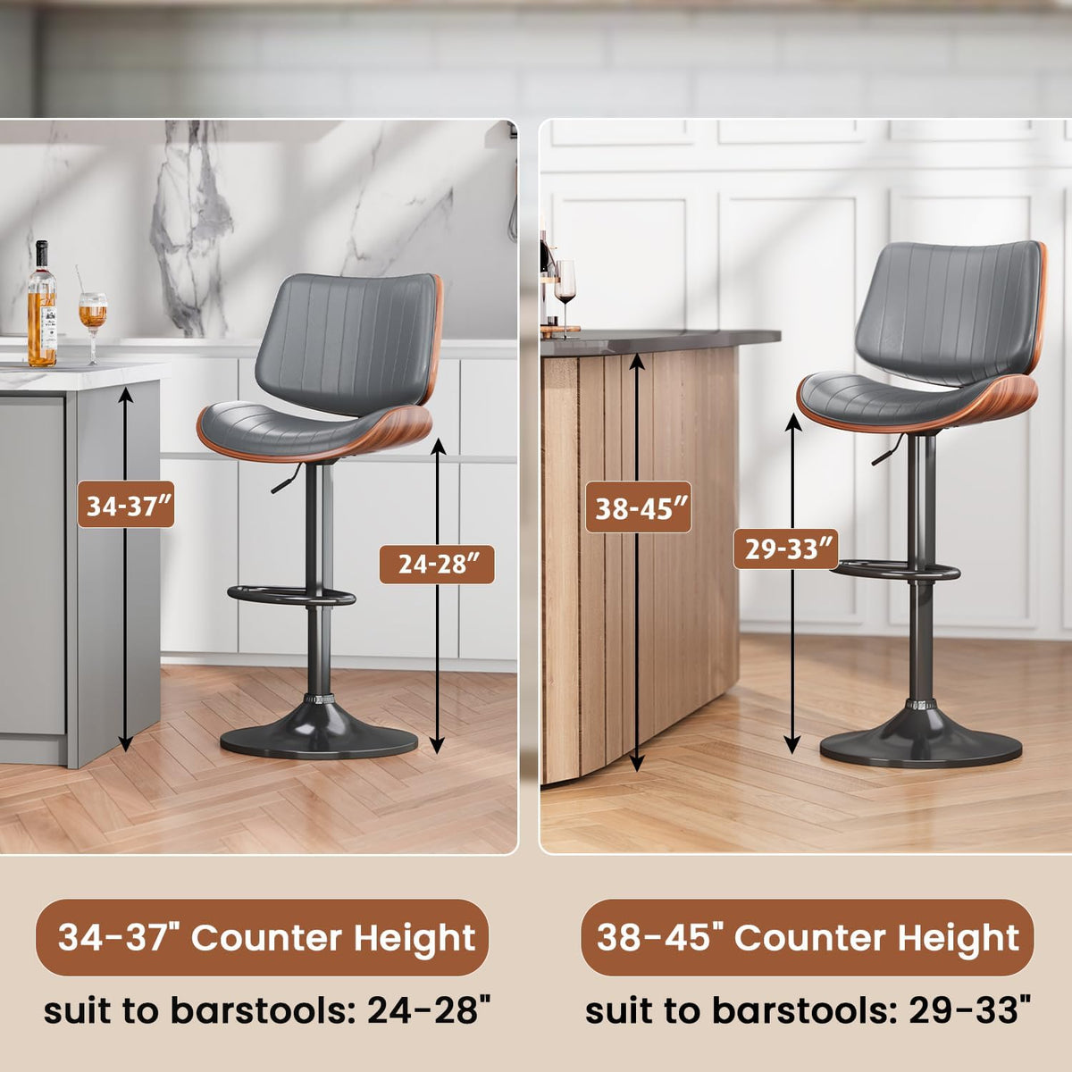 Swivel Bar Stools 4PCS, Adjustable Bentwood Barstools for Kitchen Counter