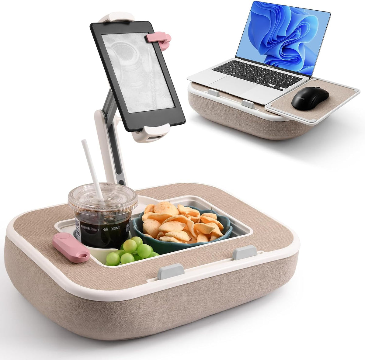 Tablet Pillow Stand with Snack Bowl and Writing Board, 360° Rotating Phone Ho...
