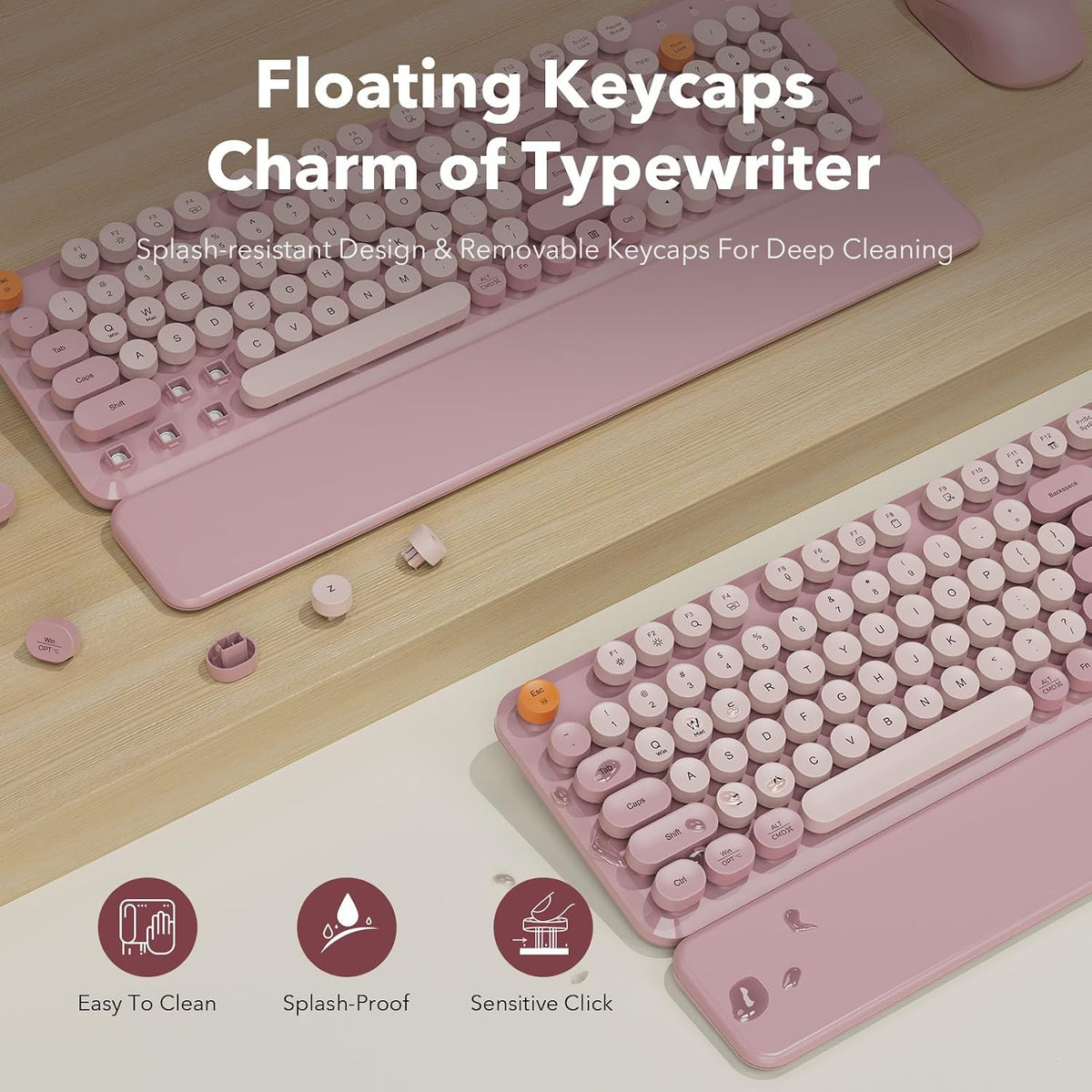 Wireless Keyboard and Mouse, Round Keycaps, Magnetic Wrist Rest, Dusty Rose