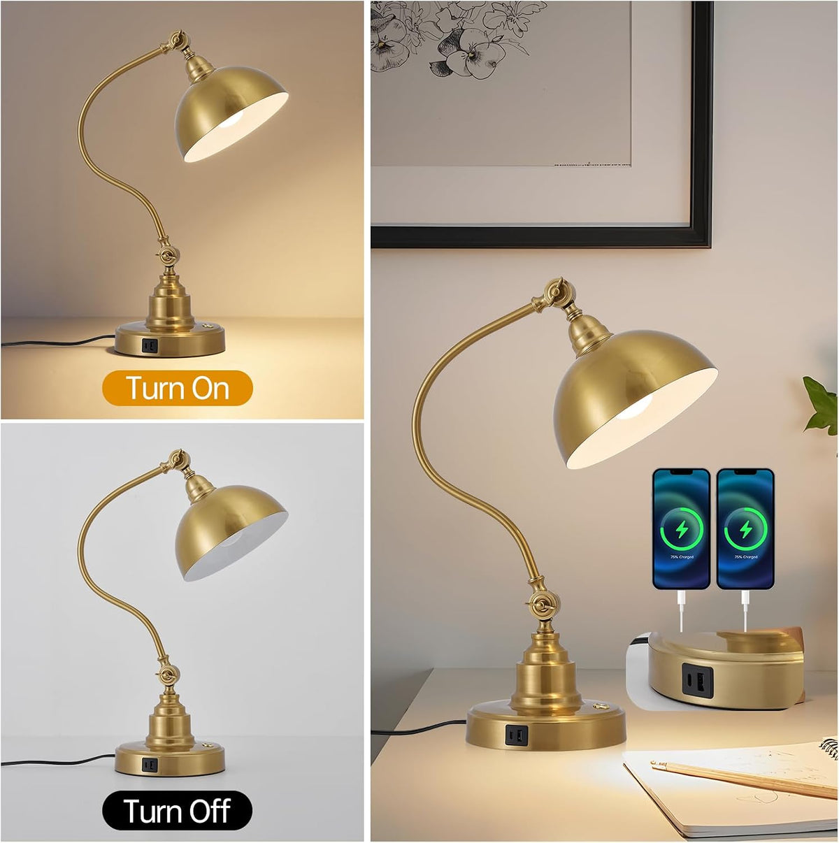 Fetason Dimmable Touch Control Gold Desk Lamp with Swing Arm Charging Port