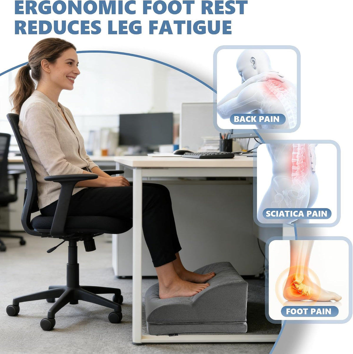 Foot Rest Under Desk for Office, Ergonomic Adjustable Footrest with Washable ...