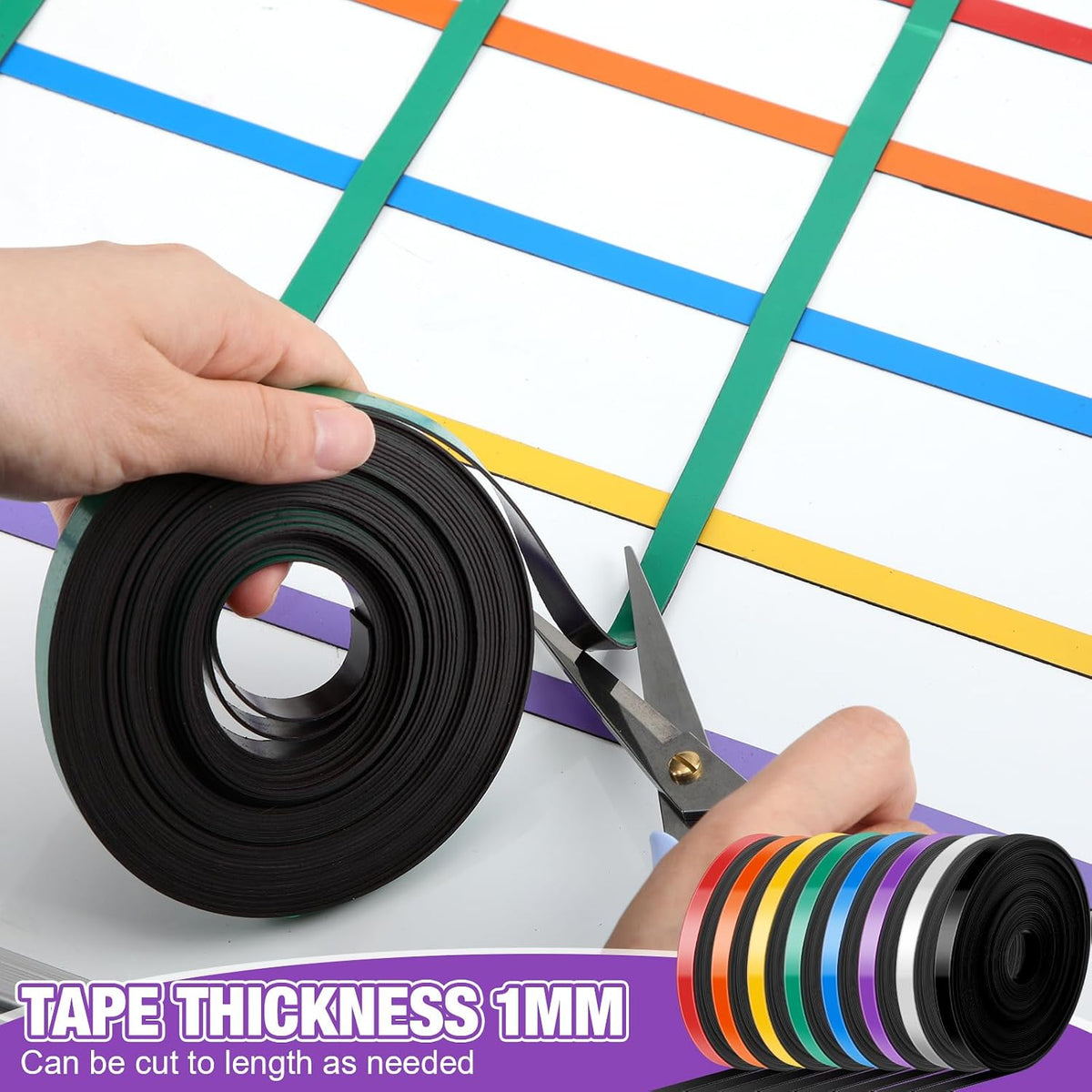 8 Rolls Whiteboard Magnetic Tape Thin Strips, 2/5 Inch x 33 ft, Multicolor