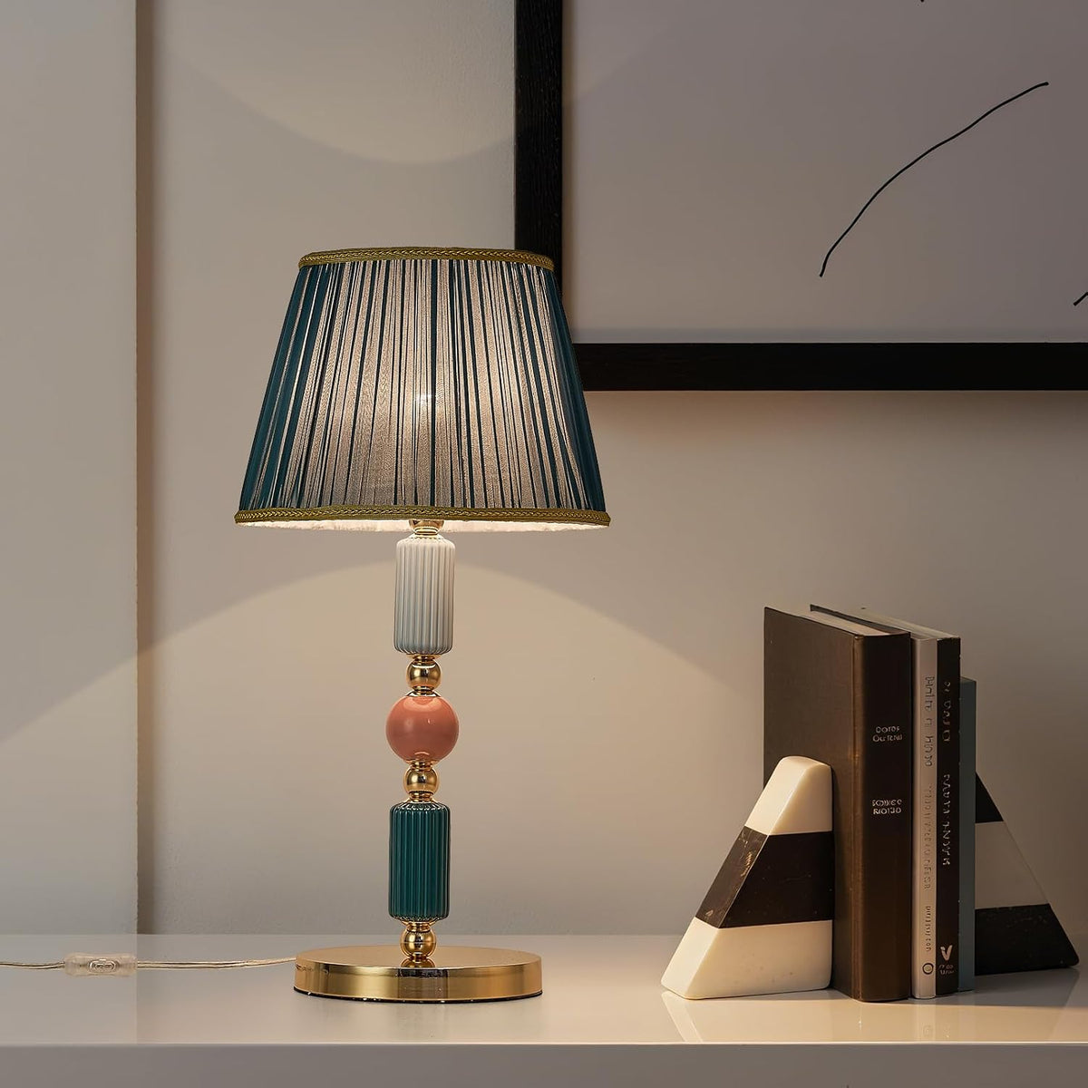 Green Fabric Shade Table Lamp Modern Metal Desk Lamp with Plug Cord Switch fo...
