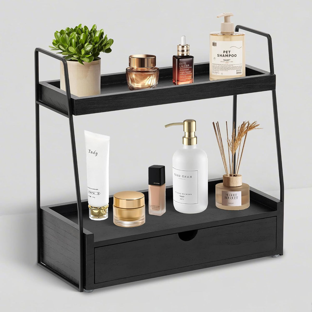2-Tier Bathroom Countertop Organizer with Drawer, Wood Vanity Shelf Black