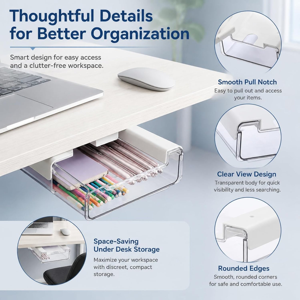 RHBLME 5 Pack Under Desk Drawer, Under Shelf Drawers Slide Out Self-Adhesive ...