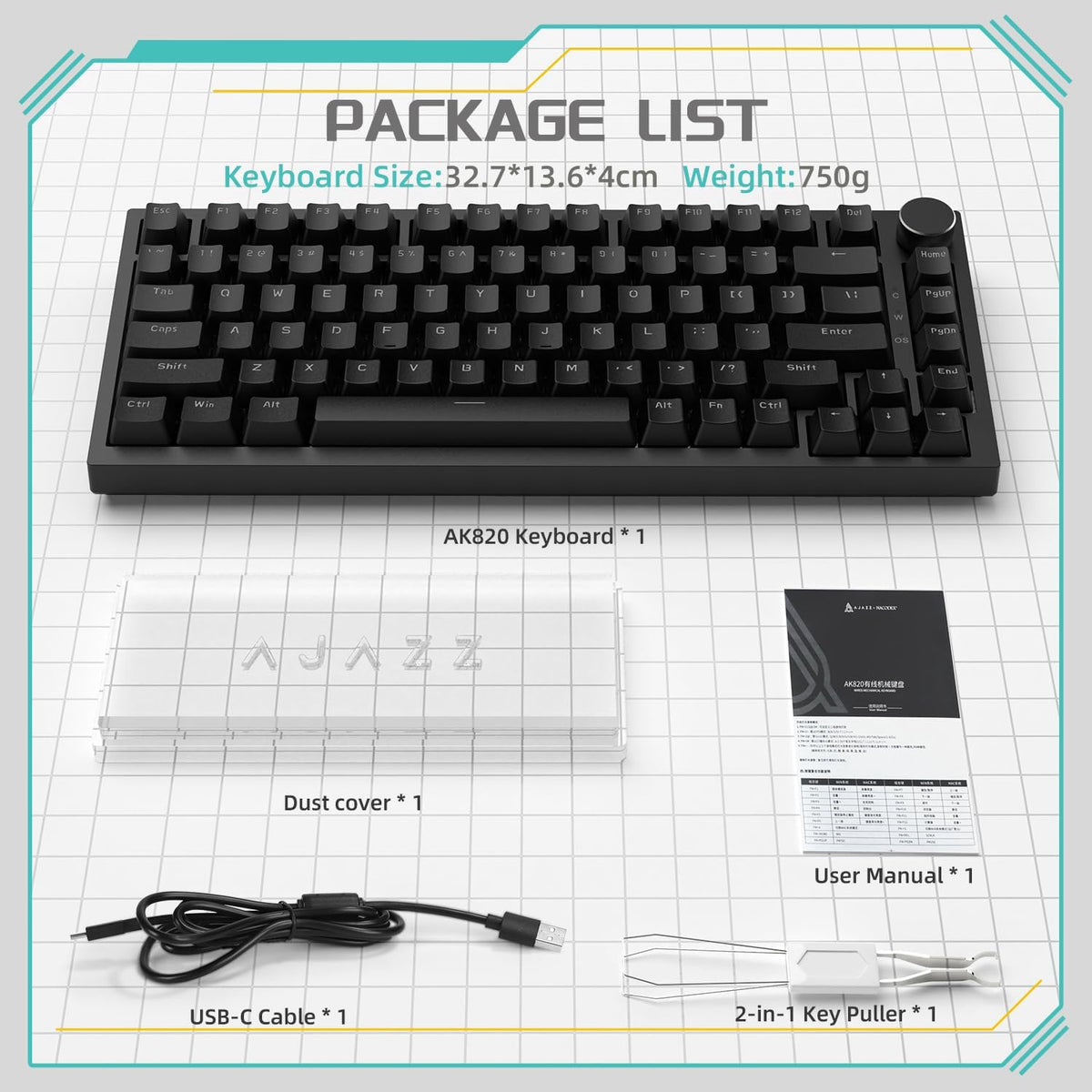 AJAZZ AK820 Mechanical Gaming Keyboard 75% Wired TKL Hot Swappable-Black