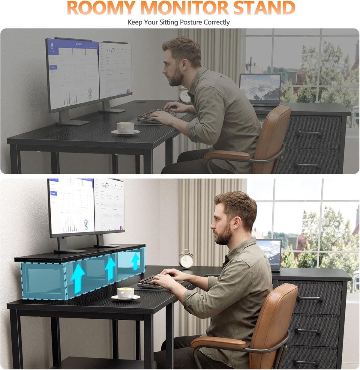 Korfile 59 inch L Shaped Computer Desk with Power Outlets, Black