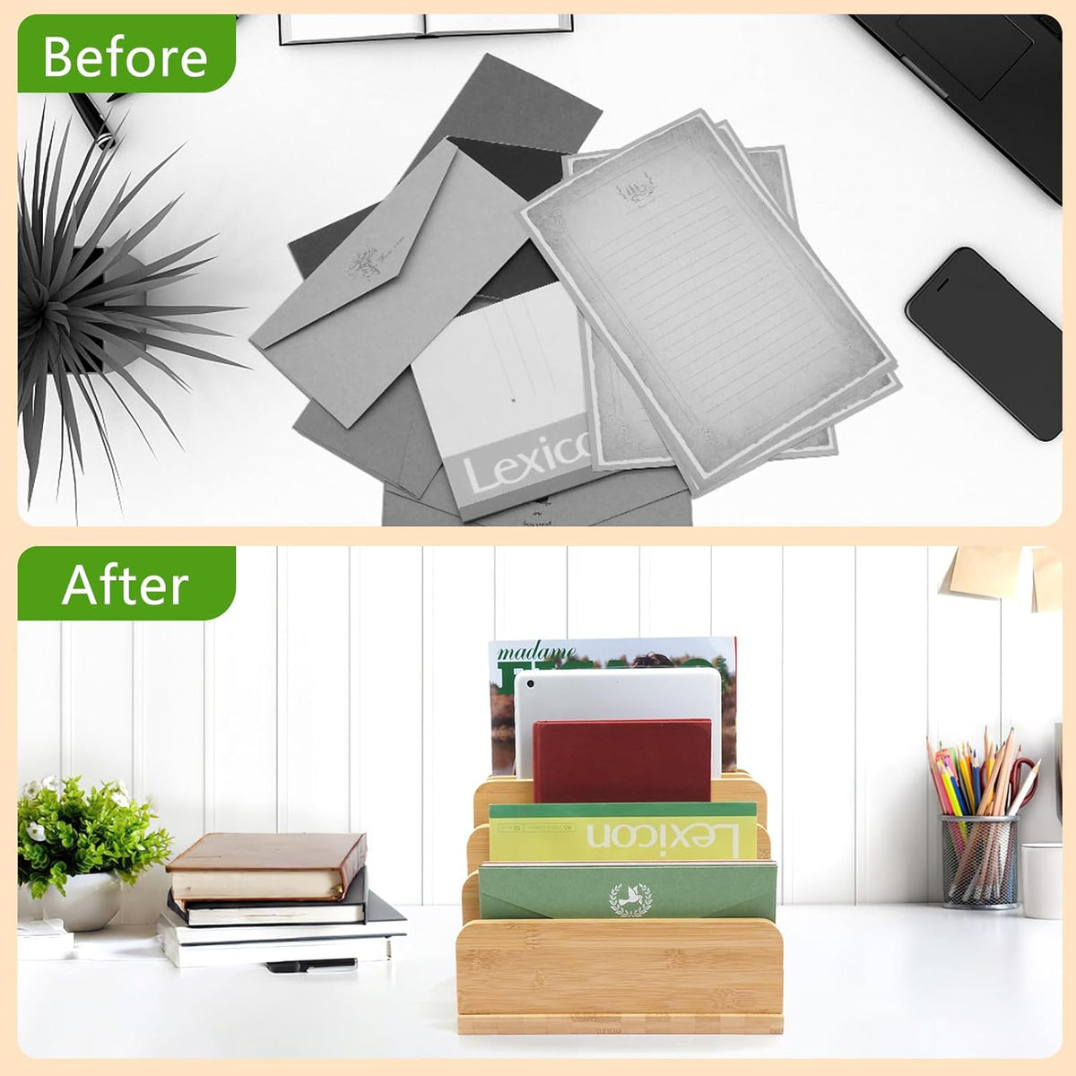 Desk File Mail Organizer Countertop, 5 Slots Bamboo Folder Sorter Holder for ...