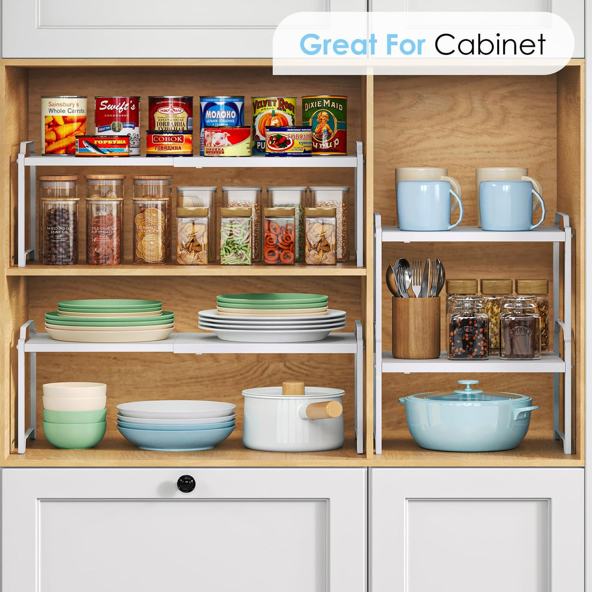 2 Pack 11” Depth Expandable Kitchen Cabinet Organizer Shelves, Heavy Duty Kit...