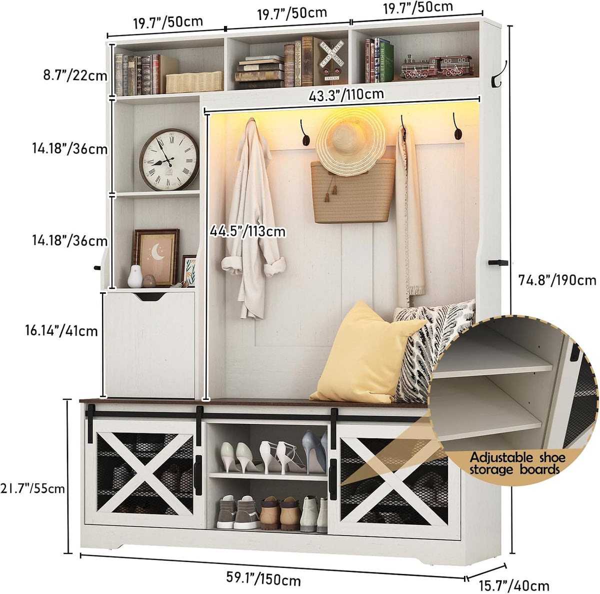 75''H 59''W Large LED Farmhouse Hall Tree with Bench and Shoe...
