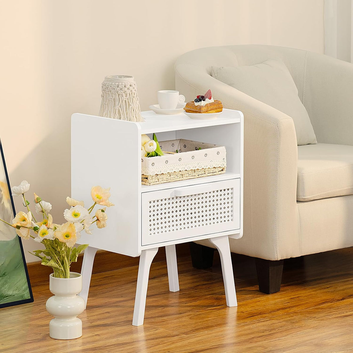 Lerliuo Rattan Nightstand, Side Table with Drawer Open Shelf