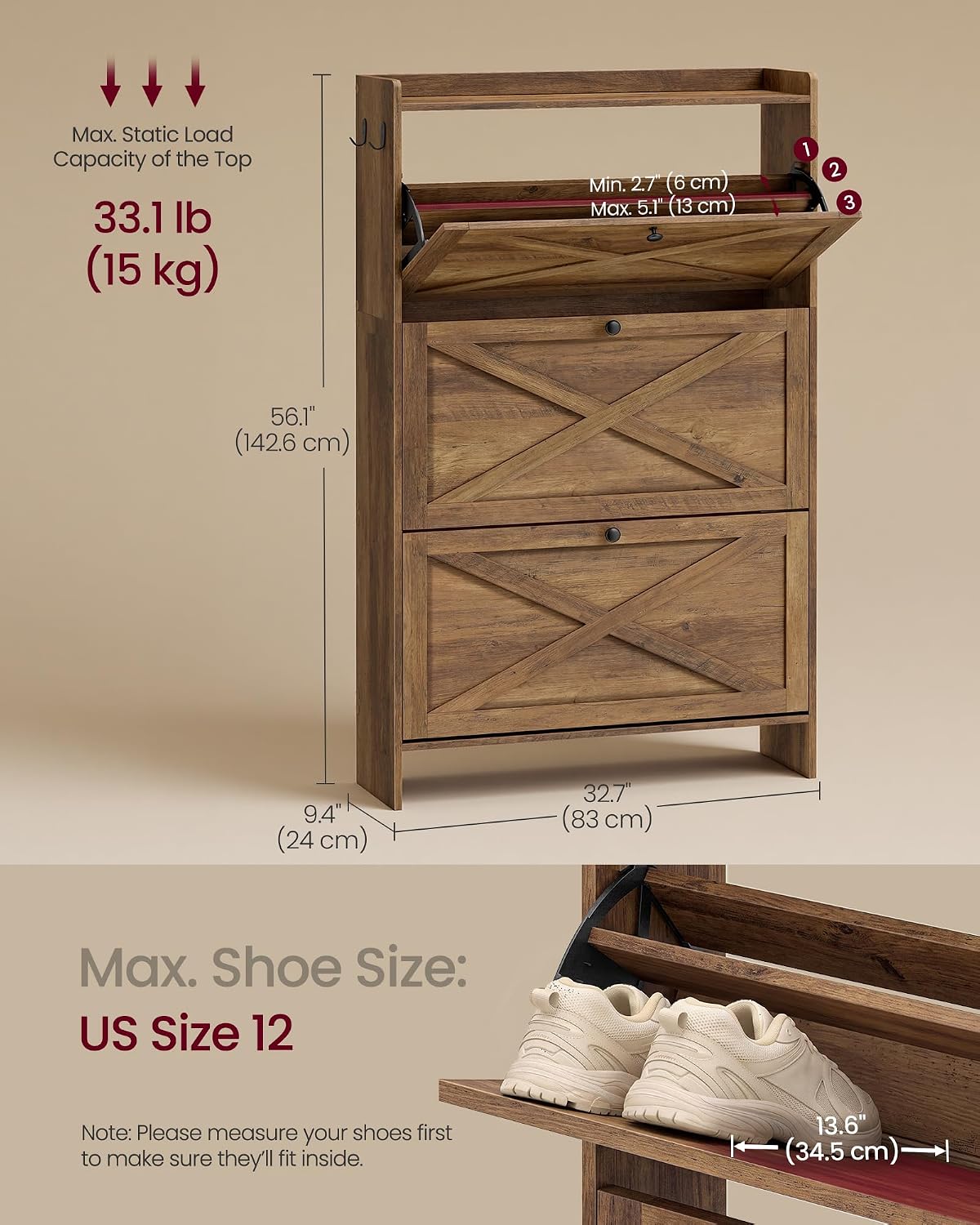 VASAGLE Narrow Shoe Storage Cabinet Organizer with 3 Flip Drawers