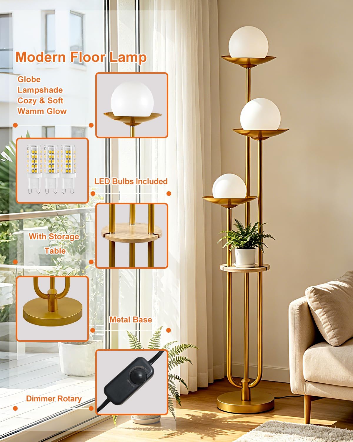 Lightdot Globe Floor Lamp with Table 3-Lights Modern Dimmable Floor Lamps for...
