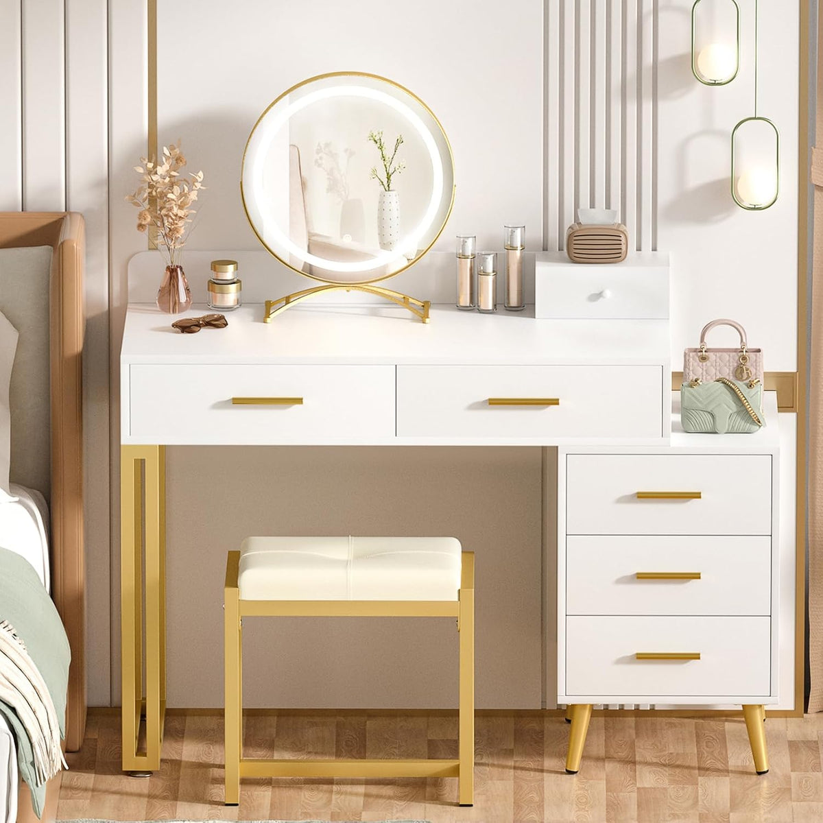 Armocity White Vanity Desk with Mirror and Lights, Modern Makeup Vanity Table...