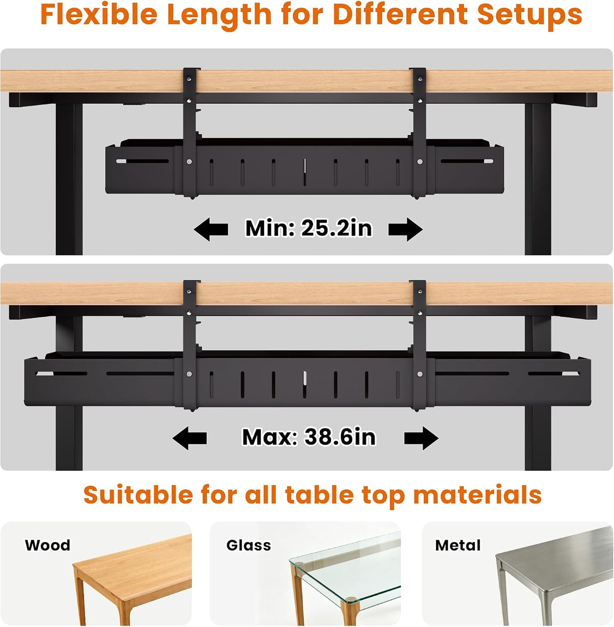 Under Desk Cable Management Tray-No Drill Clamp Moun,Expandable 25.2"–38...