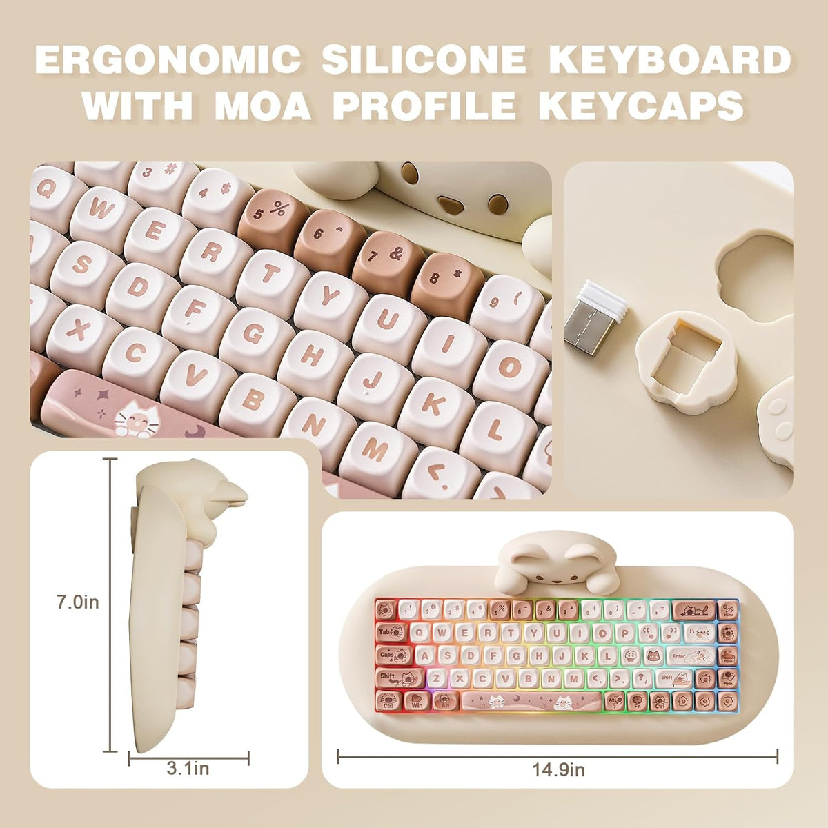 YUNZII C68 Silicone Cute Cat Mechanical Keyboard (Brown,Cocoa Cream Switch)
