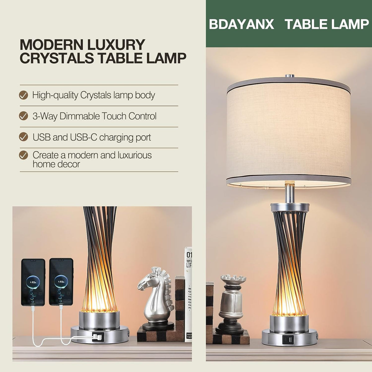 3-Way Dimmable Table Lamp Set of 2,Touch Control Lamp with Night Light,Modern...