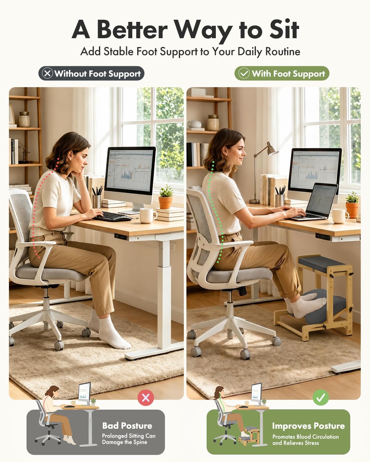 Amazer Double Step Foot Rest for Under Desk, 4 Adjustable Heights Bamboo Unde...