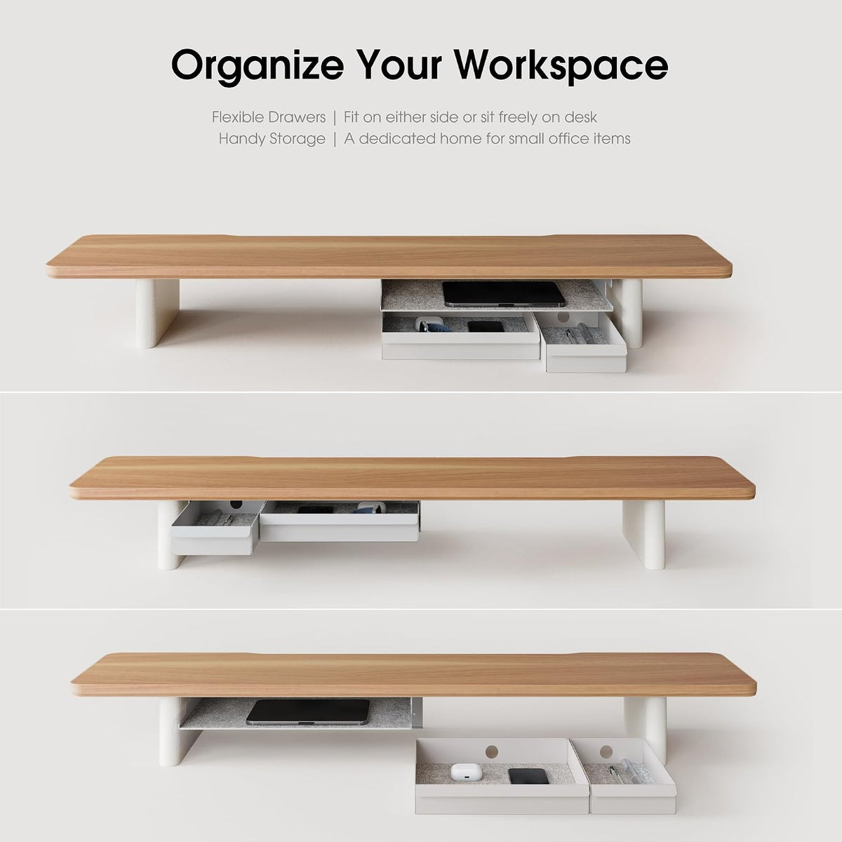 Fenge 42.5" Dual Monitor Stand with Storage Drawer & Solid Wood Legs