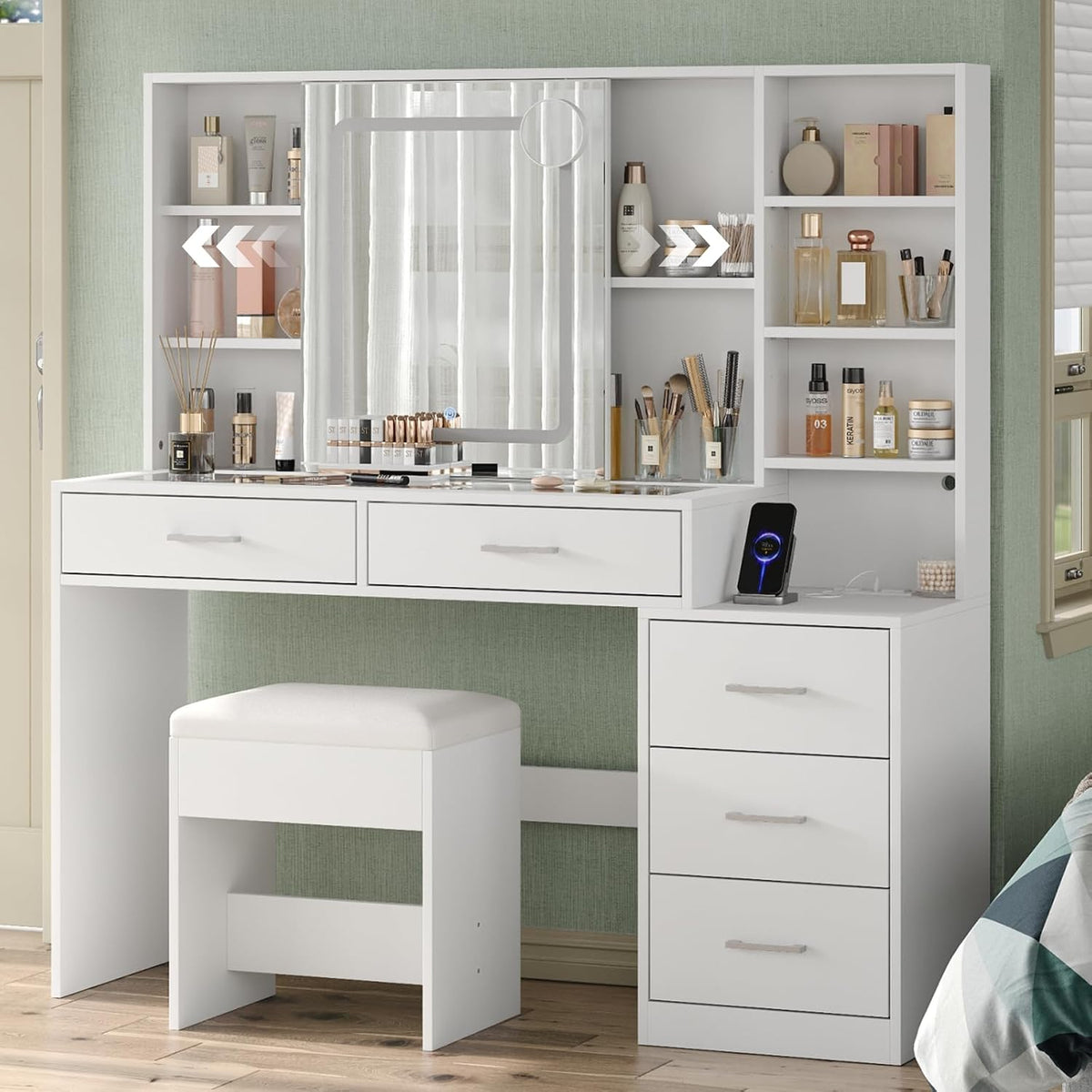 Yanosaku 51" Makeup Vanity with Sliding Mirror and Lights, Vanity with C...