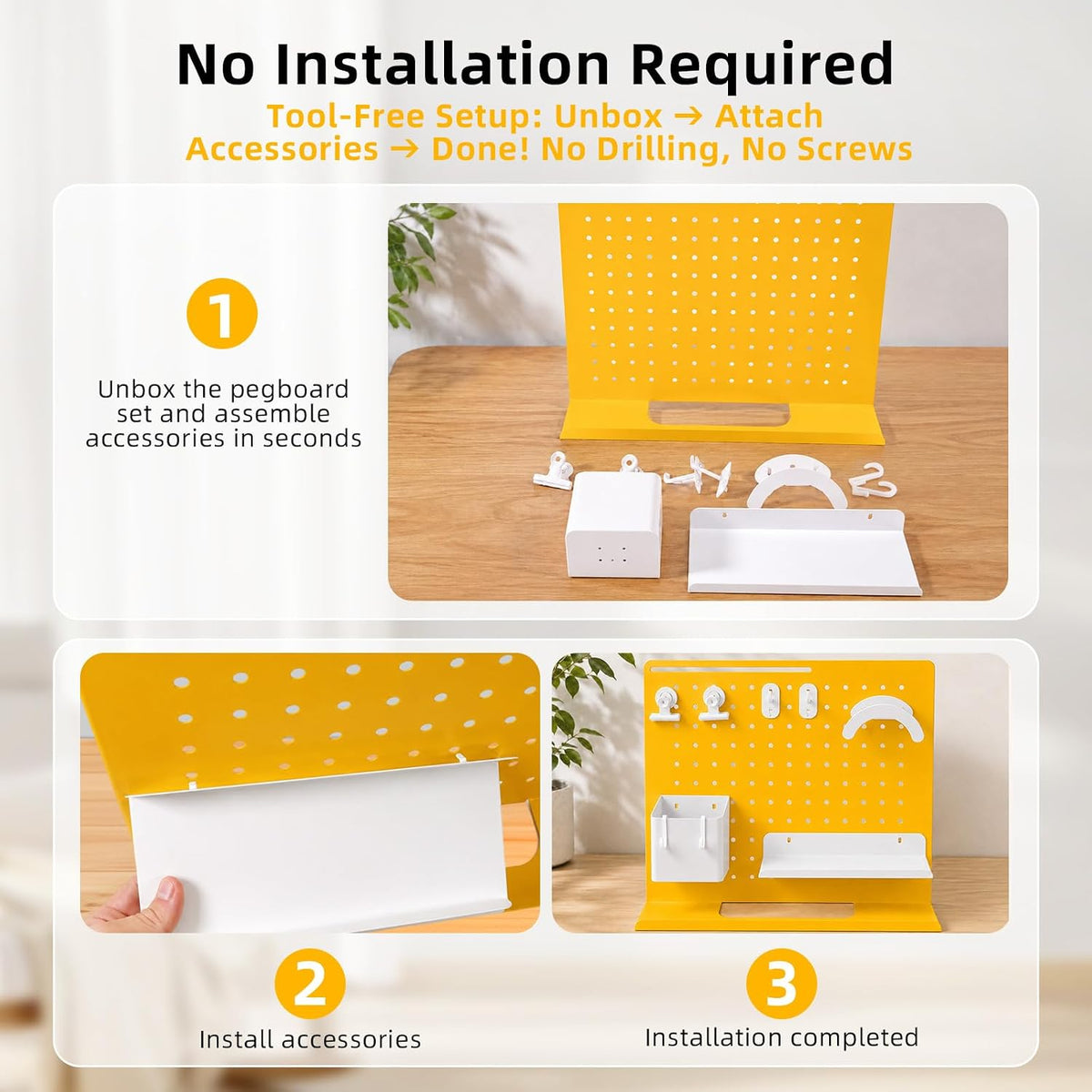 Metal Desk Pegboard Organizer, No Drill Modular Storage Kit 10 Accessories 15...