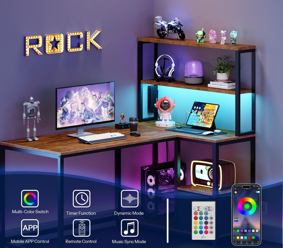 HOOBRO L Shaped Gaming Desk, 46 Inch Reversible Computer Desk with LED Light ...