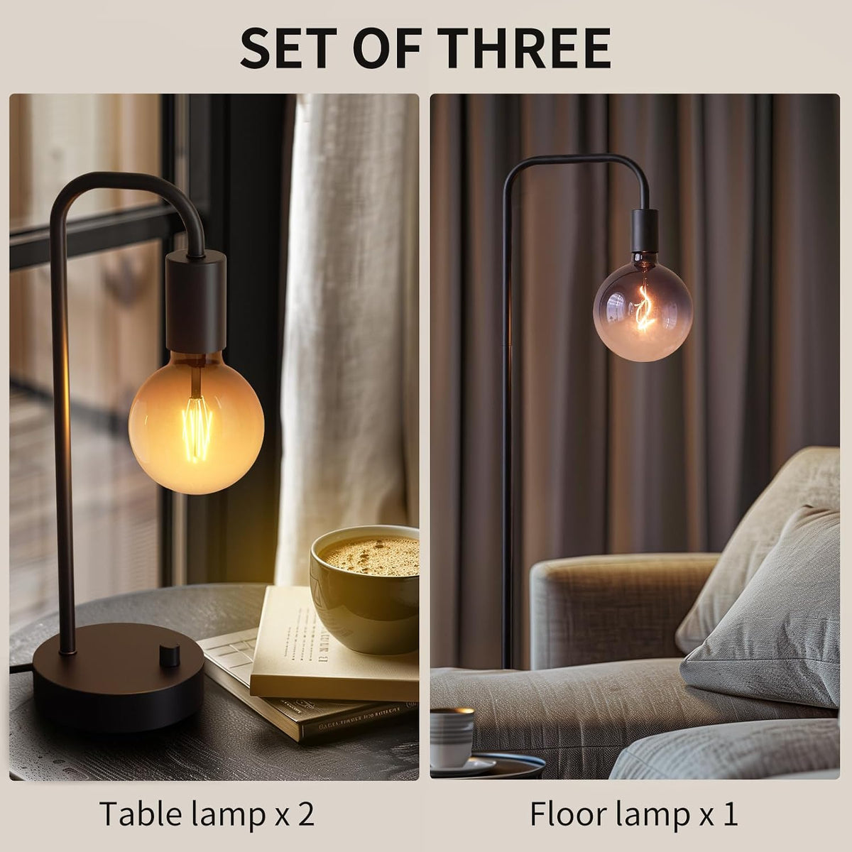 ONEWISH Industrial Lamp Set 3 Piece-1 Floor Lamp and 2 Dimmable Table Lamp- 3...