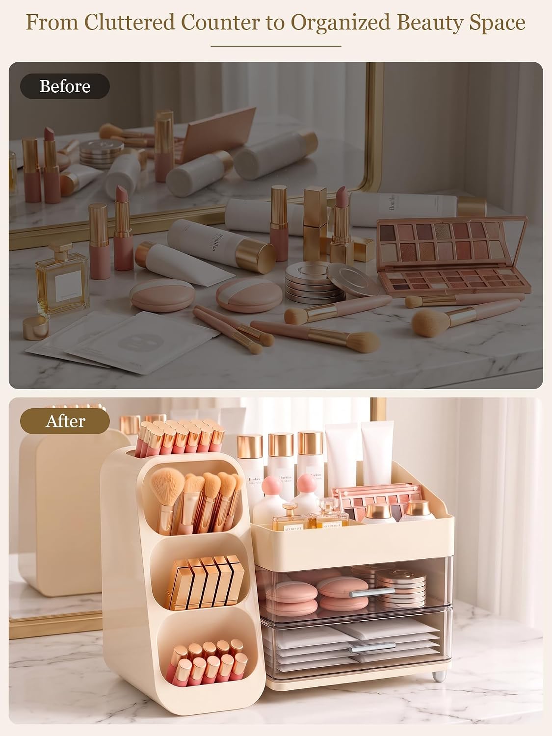 Booklov Large Makeup Organizer for Vanity Countertop, Cream