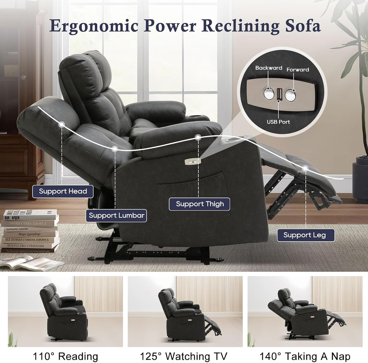Power Reclining Sofa with Heat and Massage, Electtric Reclining Couch with Ex...