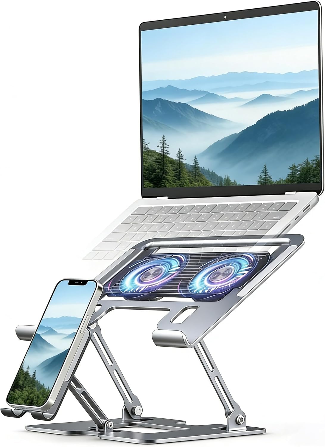 Laptop & Phone 2-in-1 Cooling Stand with Silent Fan, Adjustable Height &a...
