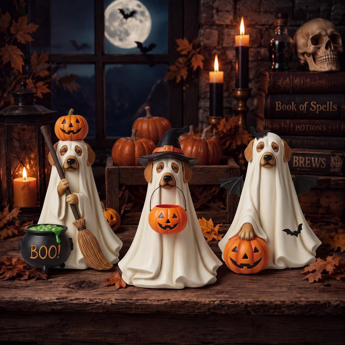 Karenhi 3 Pcs Halloween Dog Ghost Figurines, Cute Tabletop Decorations